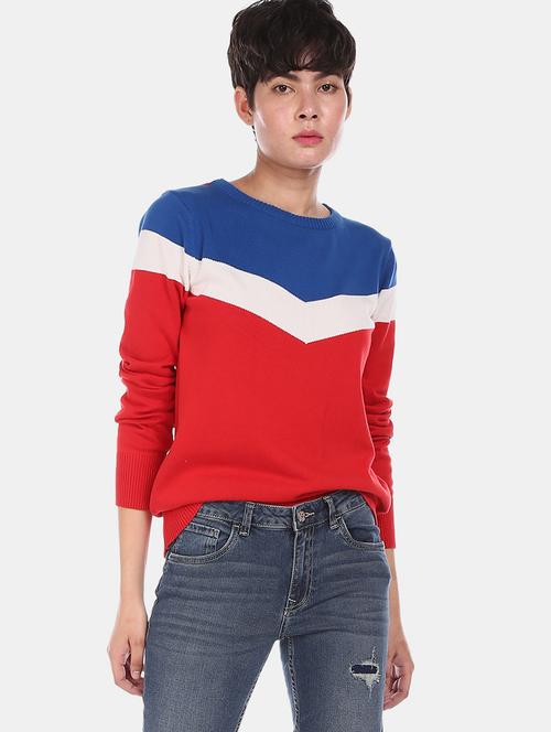 round neck color block pullover - 17666605 - Very Small Image - 1