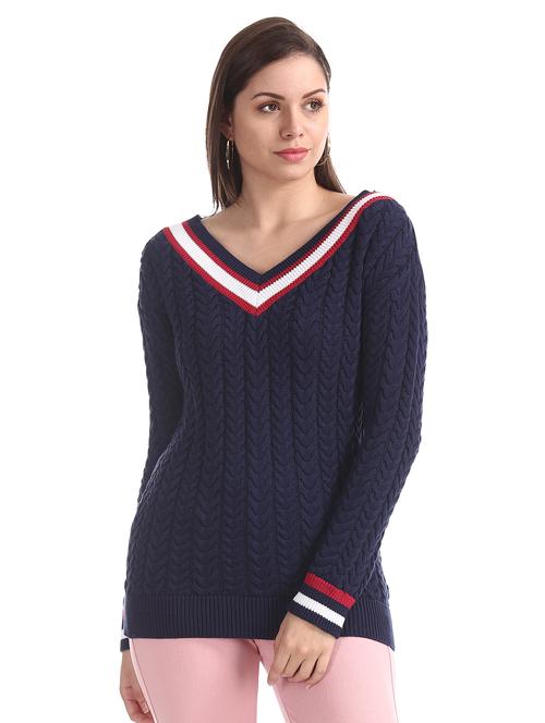 v-neck contrast detail pullover - 17666612 - Very Small Image - 1