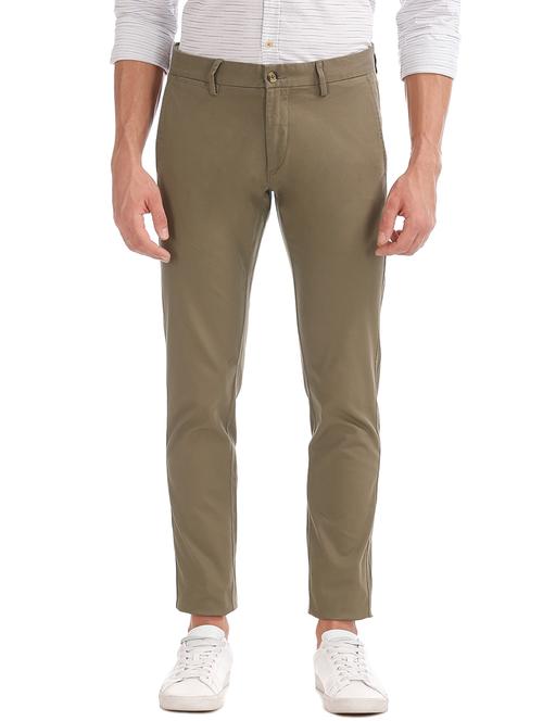 olive green solid flat front casual trouser - 17667206 - Very Small Image - 1