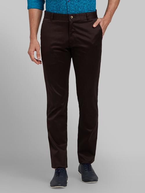 brown solid flat front casual trouser - 17670019 - Very Small Image - 1