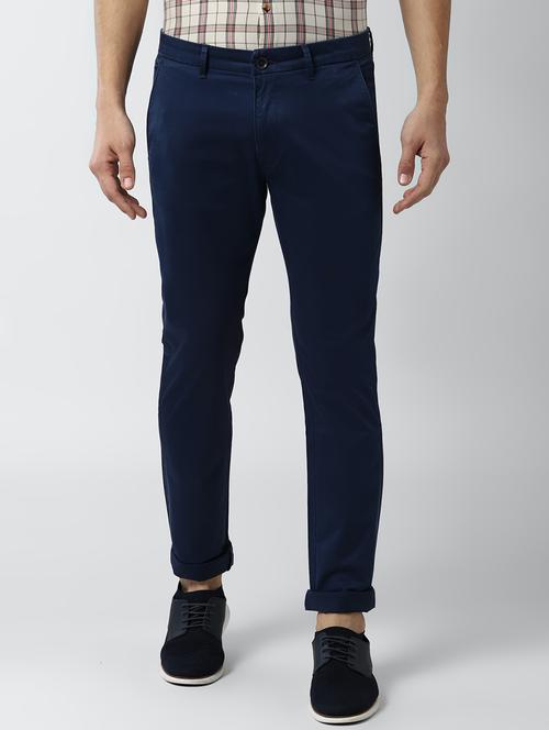 navy blue solid flat front casual trouser - 17679182 - Very Small Image - 1