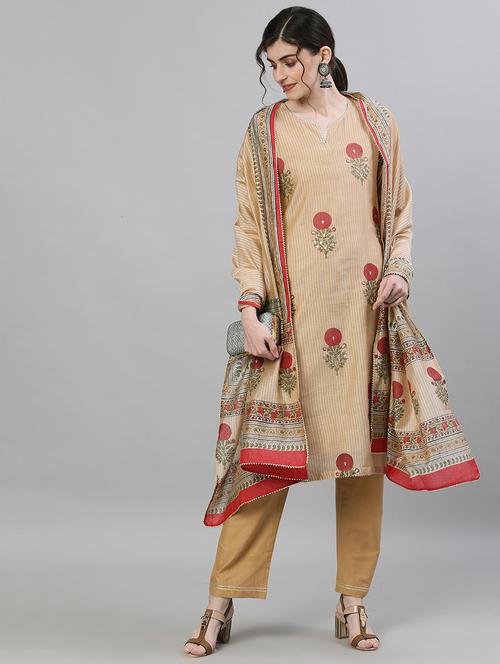 beige chanderi kurta pant  set - 17679521 - Very Small Image - 1