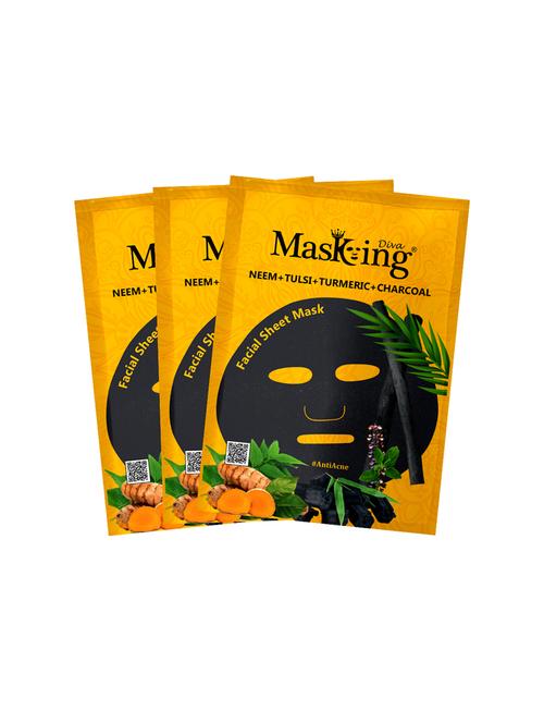 masking diva facial sheet mask of neem, tulsi, turmeric and charcoal extract for anti acne for women & men, 75ml (pack of 3) - 17680557 - Very Small Image - 1