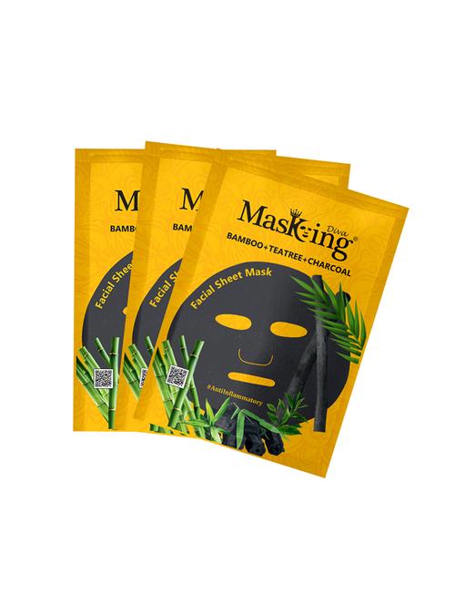 masking diva facial sheet mask of bamboo, teatree and charcoal extract for anti inflammatory for women & men, 75ml (pack of 3) - 17680560 - Very Small Image - 1