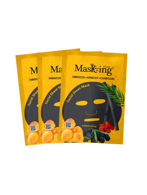 masking diva facial sheet mask of hibiscus, apricot and charcoal extract for skin purifying for women & men, 75ml (pack of 3) - 17680561 - Very Small Image - 1