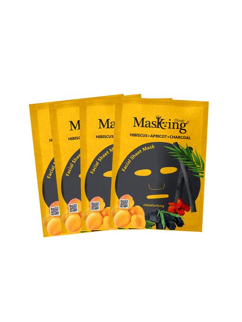 masking diva facial sheet mask of hibiscus, apricot and charcoal extract for skin purifying for women & men, 100ml (pack of 4) - 17680566 - Very Small Image - 1