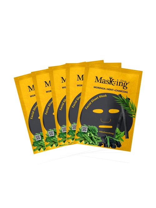 masking diva facial sheet mask of moringa, mint and charcoal extract for skin detoxifying for women & men, 125ml (pack of 5) - 17680569 - Very Small Image - 1