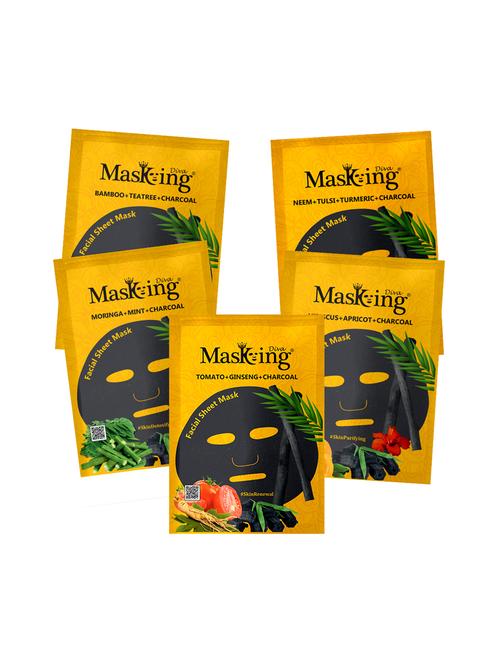 masking diva neem, tomato, moringa, bamboo & hibiscus charcoal facial sheet mask for women and men, 125ml (combo pack of 5) - 17680572 - Very Small Image - 1