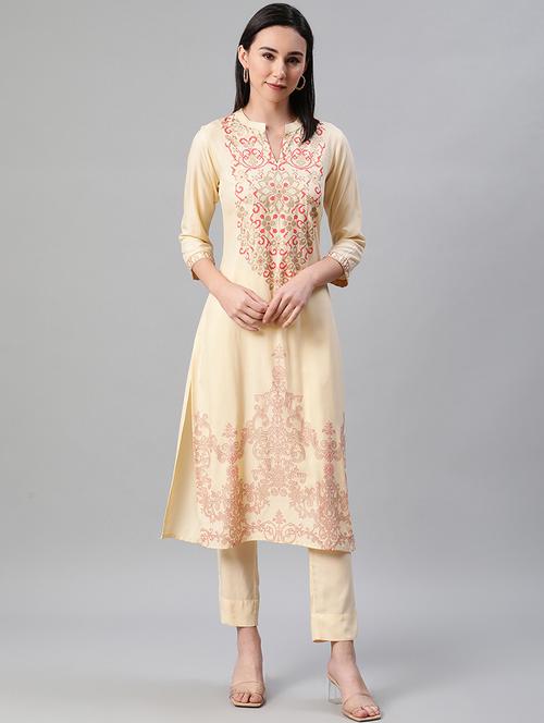 cream rayon straight kurta - 17687989 - Very Small Image - 1