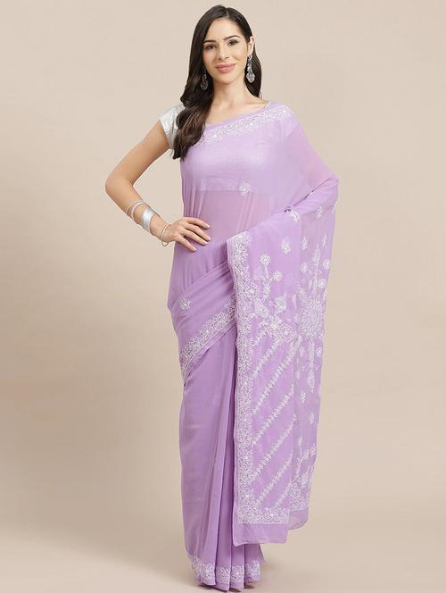 purple georgette hand embroidered chikankari saree with blouse - 17689301 - Very Small Image - 1
