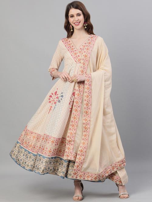 beige cotton anarkali kurta - 17695374 - Very Small Image - 1