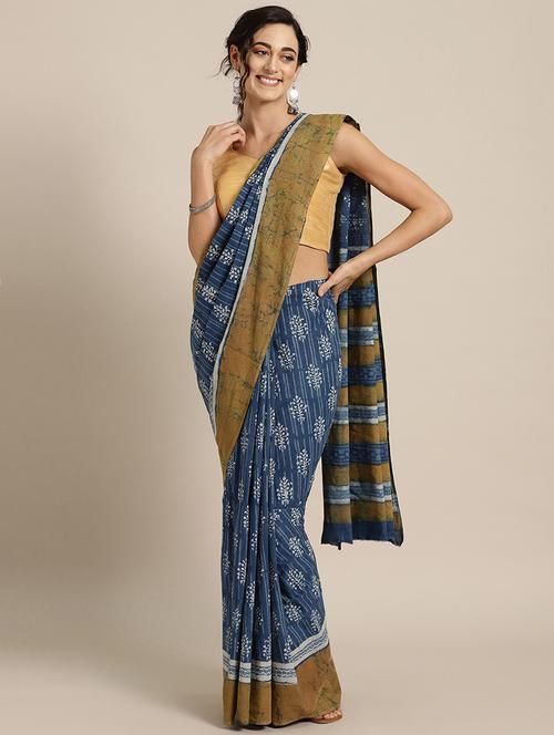 women's block print blue colored saree - 17695709 - Very Small Image - 1