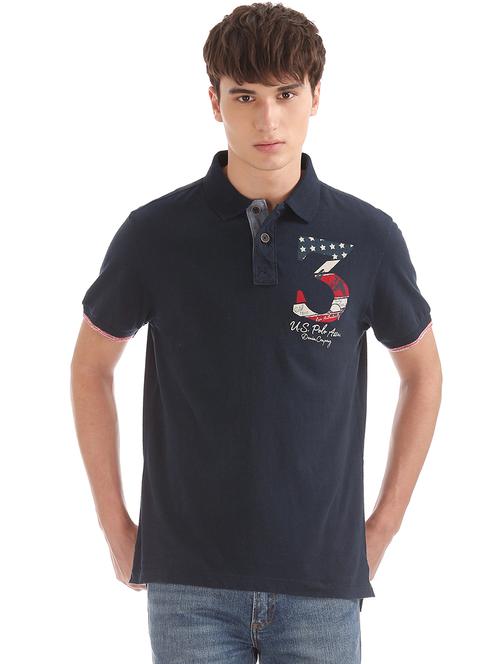 navy blue printed polo t-shirt - 17695811 - Very Small Image - 1
