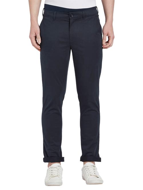 dark blue solid flat front casual trouser - 17697082 - Very Small Image - 1