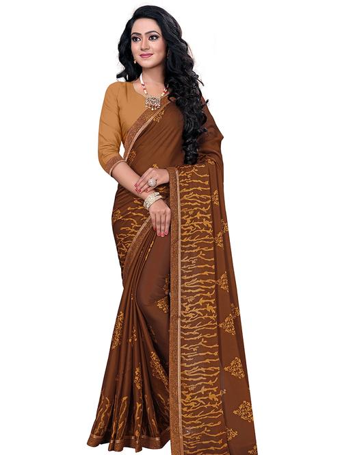 women's printed brown colored saree with blouse - 17709601 - Very Small Image - 1