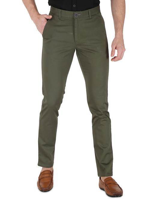 olive green solid flat front casual trouser - 17710827 - Very Small Image - 1