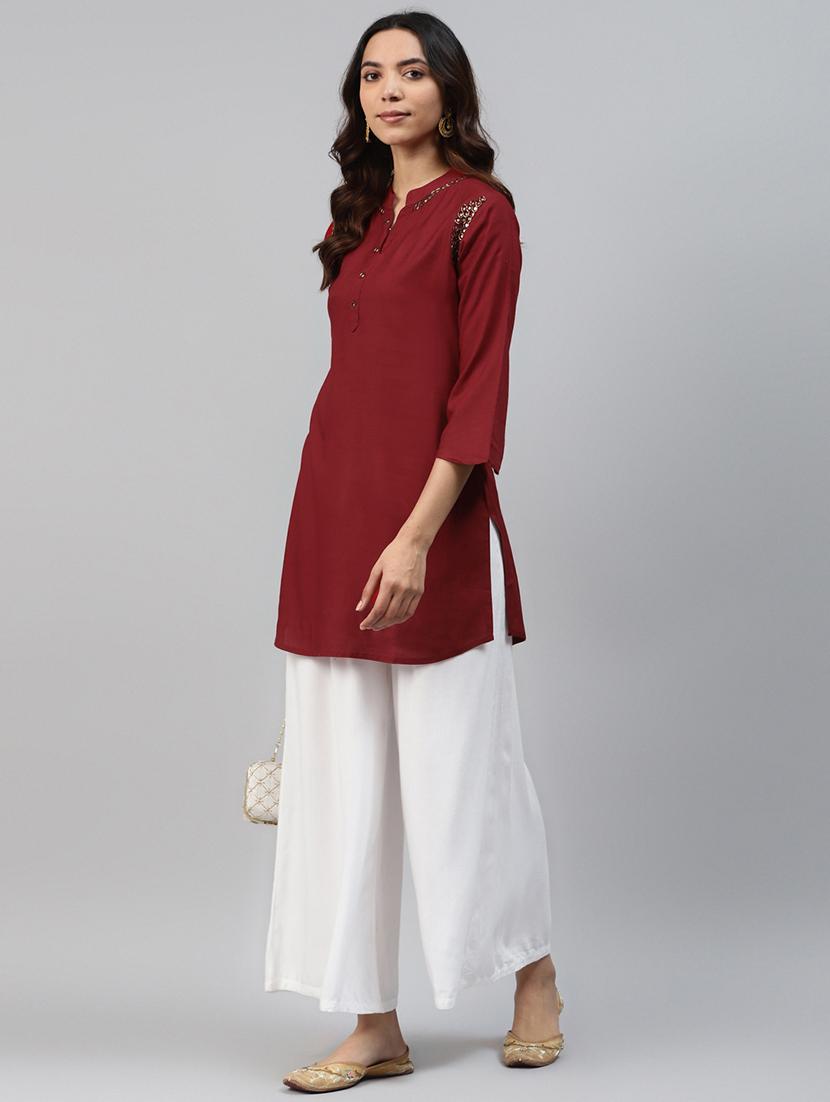 maroon rayon straight kurti - 17714705 - Zoom Image - 3