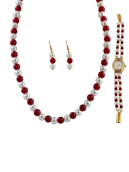 red colored crystal necklaces and earring with watch - 17715787 - Very Small Image - 1