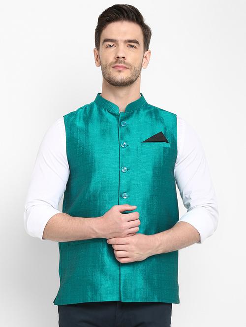 green solid silk nehru jacket - 17718809 - Very Small Image - 1
