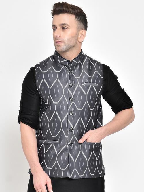 grey printed nehru jacket - 17718810 - Very Small Image - 1