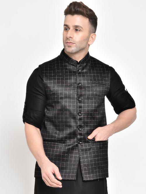 black checkered nehru jacket - 17718811 - Very Small Image - 1