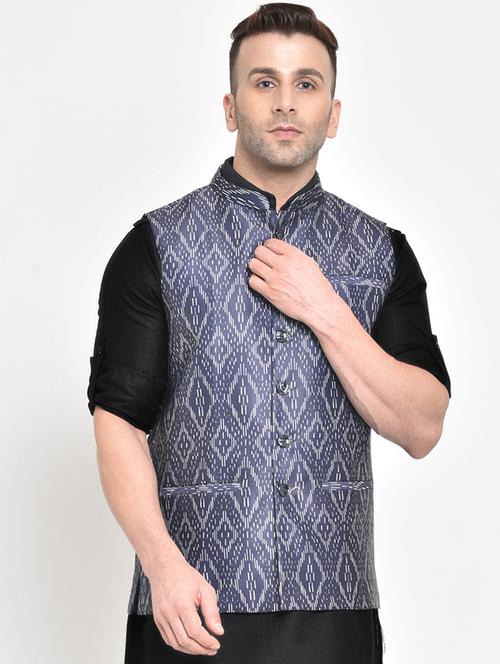 grey printed nehru jacket - 17718812 - Very Small Image - 1
