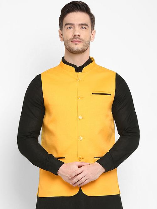yellow solid khaadi nehru jacket - 17718862 - Very Small Image - 1