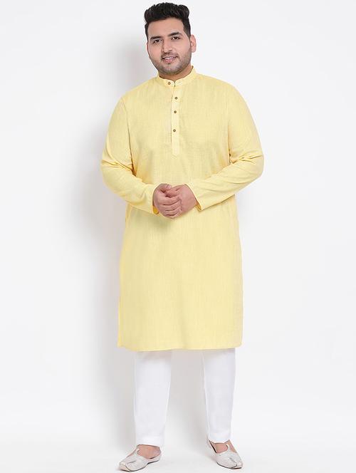 plus size yellow solid linen kurta pyjama set - 17718911 - Very Small Image - 1