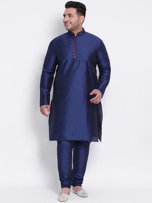 plus size navy blue solid silk blend kurta pyjama set - 17718938 - Very Small Image - 1