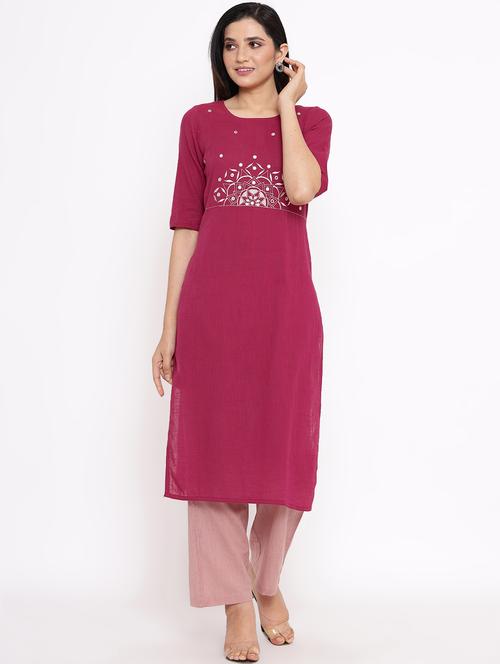 magenta cotton blend kurta palazzo  set - 17727178 - Very Small Image - 1
