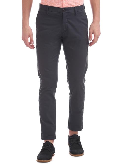 dark blue solid flat front casual trouser - 17730262 - Very Small Image - 1