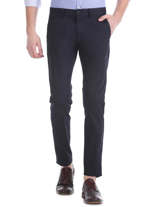 navy blue solid flat front casual trouser - 17730267 - Very Small Image - 1