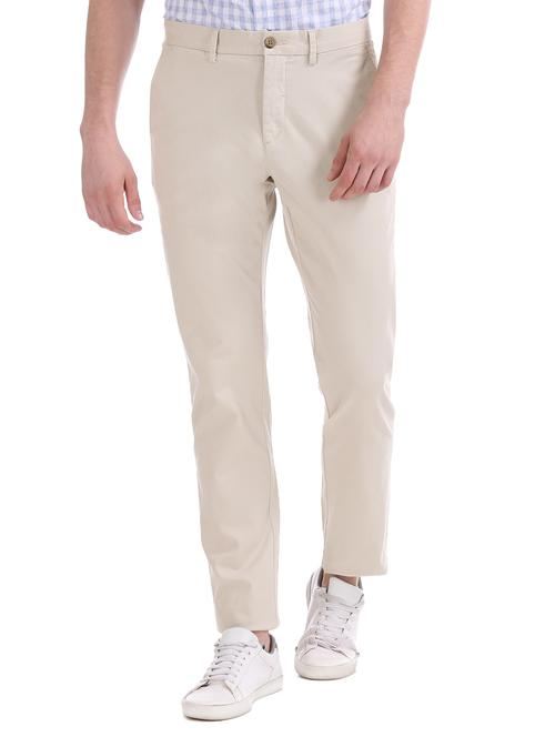 cream solid flat front casual trouser - 17730425 - Very Small Image - 1