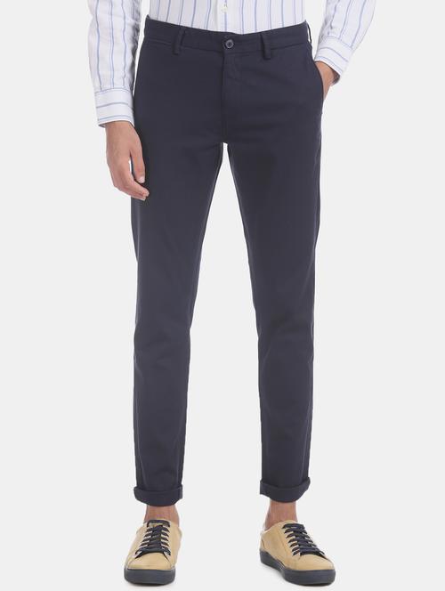 navy blue solid flat front casual trouser - 17730559 - Very Small Image - 1