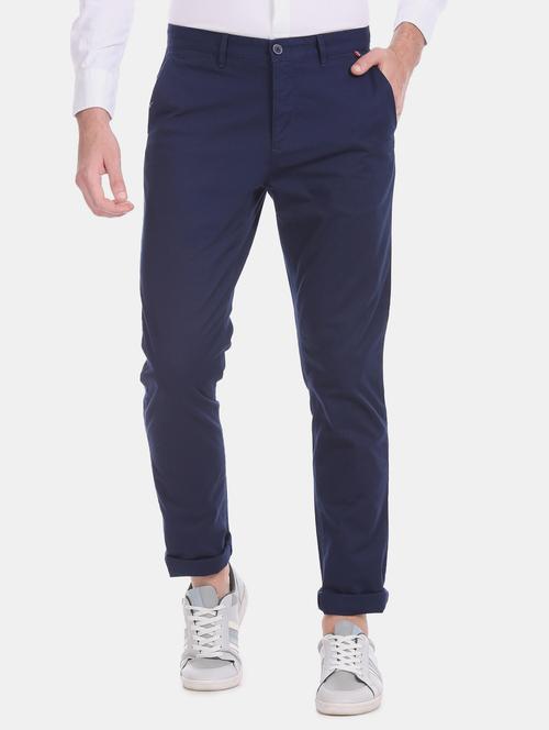 navy blue solid flat front casual trouser - 17730567 - Very Small Image - 1