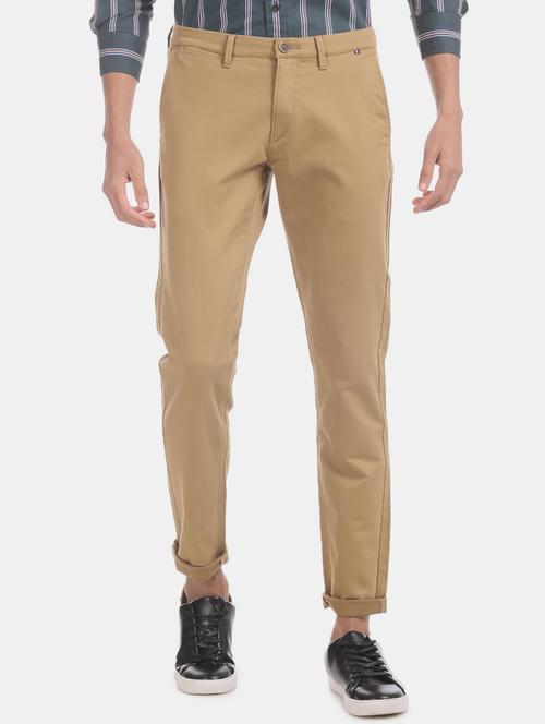 khaki solid flat front casual trouser - 17730583 - Very Small Image - 1
