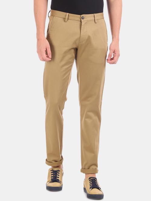 beige solid flat front casual trouser - 17730602 - Very Small Image - 1