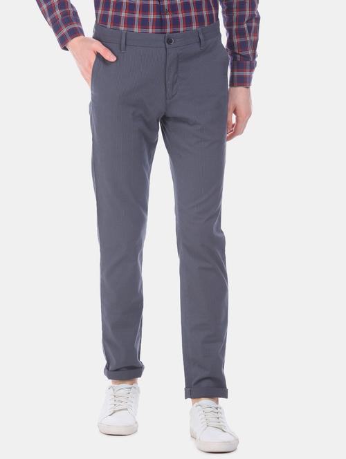 navy blue textured flat front casual trouser - 17730605 - Very Small Image - 1