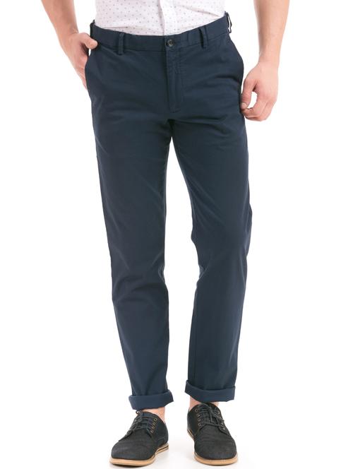 navy blue solid flat front casual trouser - 17730692 - Very Small Image - 1