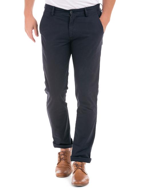 navy blue solid flat front casual trouser - 17730696 - Very Small Image - 1