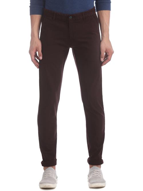 coffee brown solid flat front casual trousers - 17730703 - Very Small Image - 1