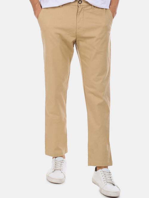 khaki solid flat front casual trouser - 17730733 - Very Small Image - 1