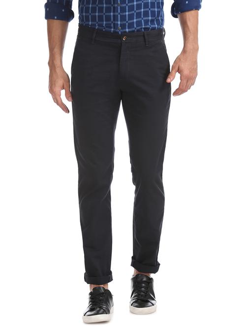 navy blue solid flat front casual trouser - 17730738 - Very Small Image - 1