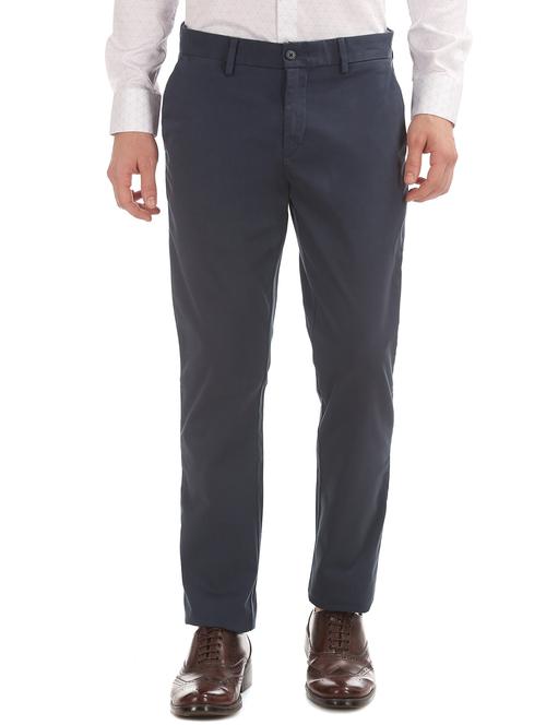 navy blue solid flat front casual trouser - 17730760 - Very Small Image - 1