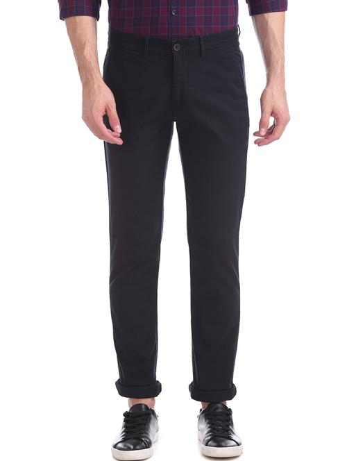 navy blue solid flat front casual trouser - 17730782 - Very Small Image - 1