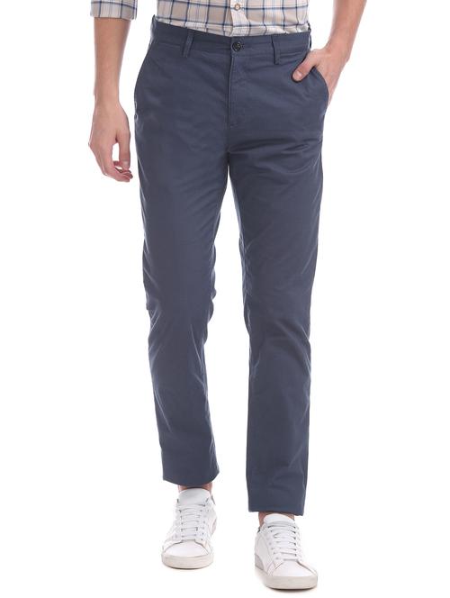 navy blue solid flat front casual trouser - 17730811 - Very Small Image - 1