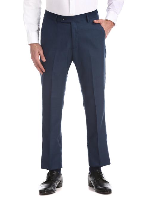 navy blue checkered flat front formal trouser - 17731006 - Very Small Image - 1