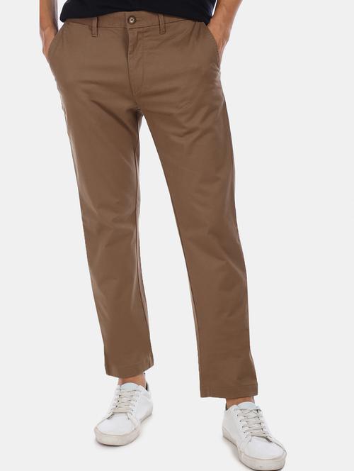 brown solid flat front casual trouser - 17731233 - Very Small Image - 1