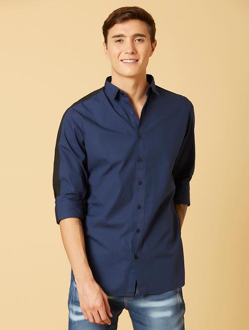 navy blue color block casual shirt - 17732215 - Very Small Image - 1
