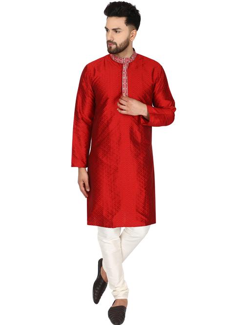 red self design kurta pyjama set with embroidered neckline - 17733284 - Very Small Image - 1